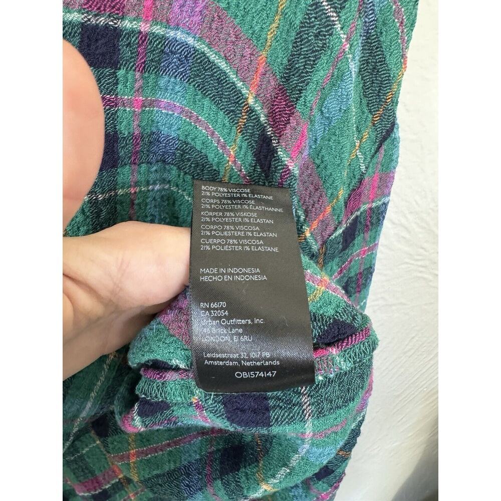 Anthropologie Pilcro Cropped Puff-Sleeve Soft Crinkle Green Plaid Blouse Small - Picture 10 of 13